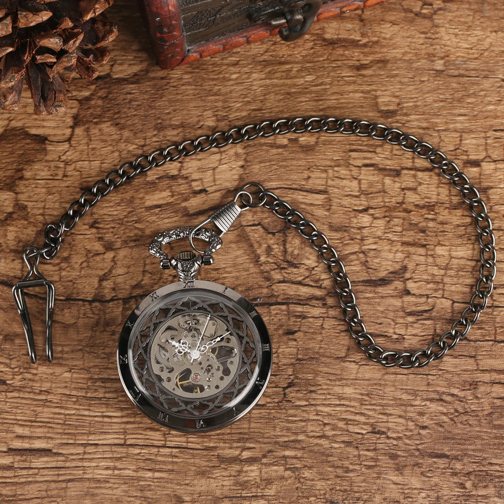 YISUYA Luxurious & Elegant Steampunk Style Glass Transparent Hand Wind Mechanical Pocket Watch with Chain