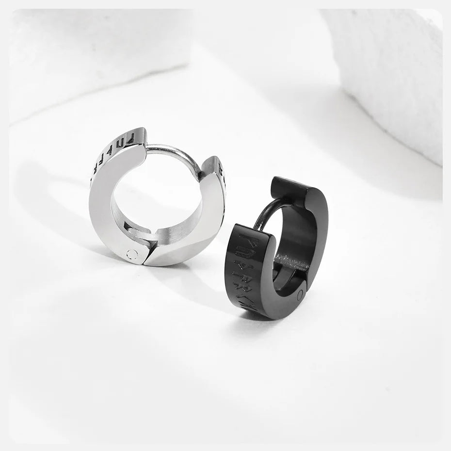 Vnox Norse Viking Runes 13mm Stainless Steel Hoop Earrings In Silver & Black