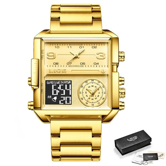 LIGE Quality Luxury Stainless Steel Gold Watch - Quartz Clockwork, Waterproof, Dual Display With Box