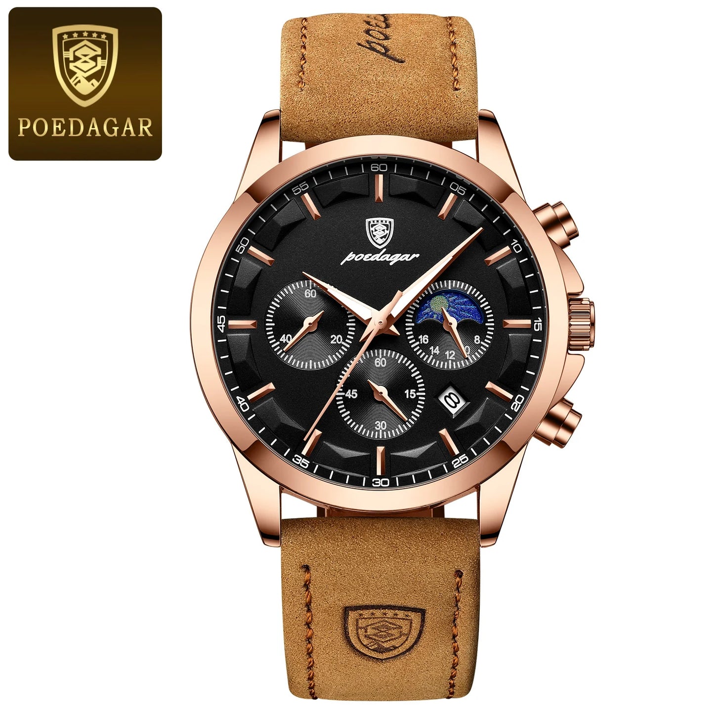 POEDAGAR Luxury leather band Quartz Chronograph Watch - Waterproof, Luminous, Date And Box