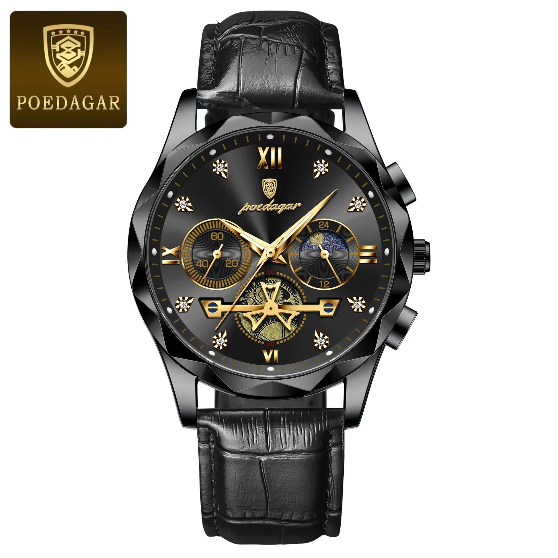 POEDAGAR Quality Luxury Leather band Quartz Chronograph Watch - Waterproof, Luminous, Date And Box