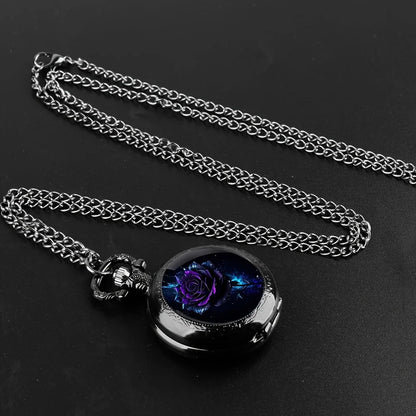 SOXY Retro Purple Rose Quartz Movement Pocket Watch With Stylish Black Necklace Chain