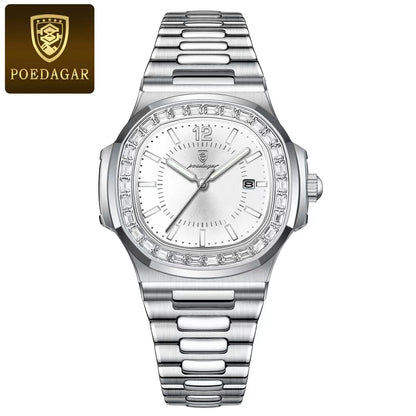 POEDAGAR Man Luxury stainless steel Quartz Watch Square - Waterproof, Luminous, Date, with box