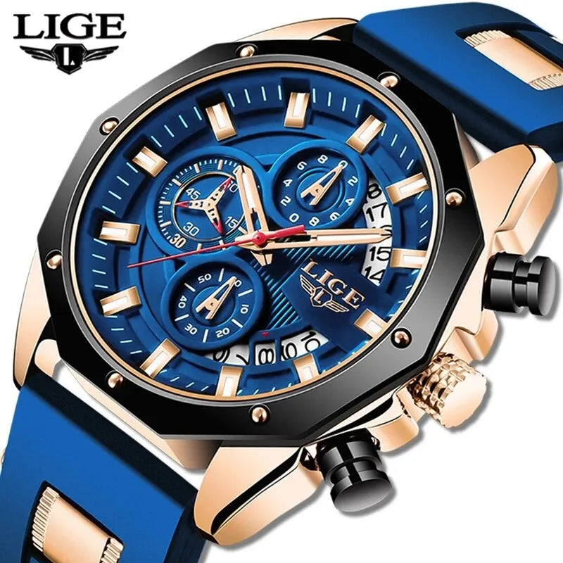 LIGE Luxury Silicone Chronograph Quartz Wristwatch - Square, Waterproof, Date And Box