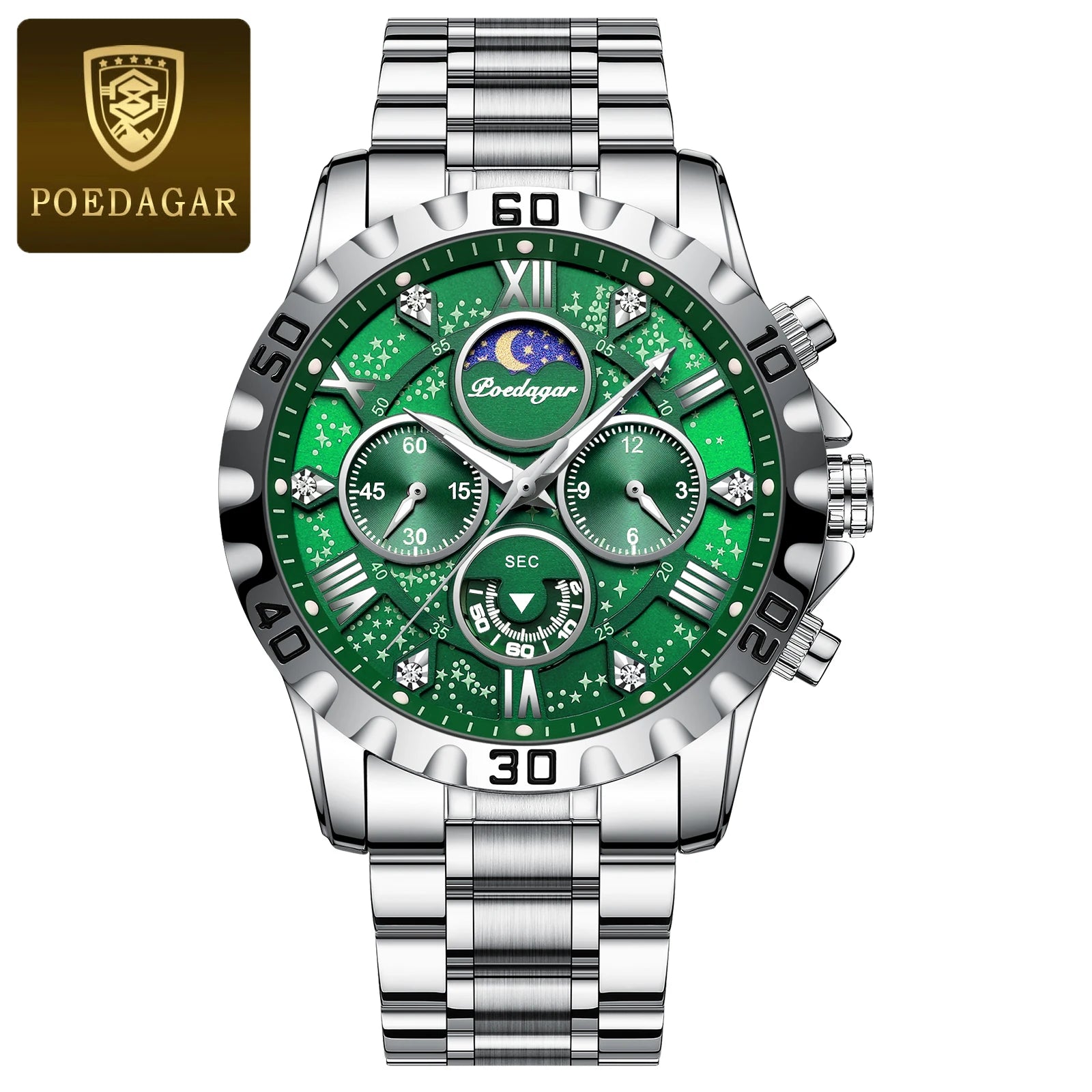 POEDAGAR Luxury Men Stainless Steel Quartz Watch - Waterproof, Luminous, Date&Week