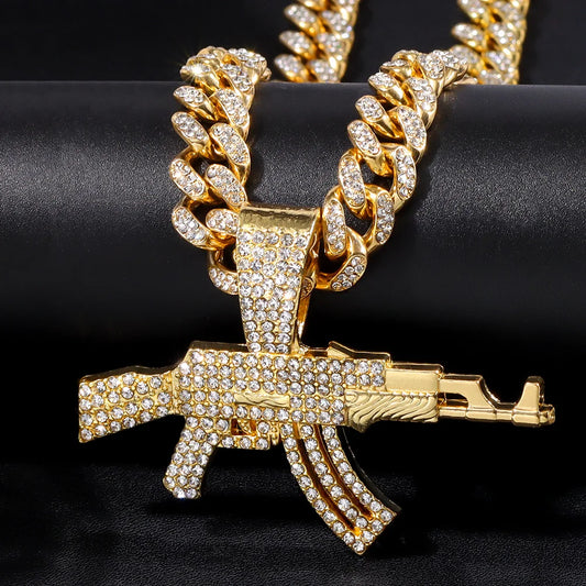 ESTRELLADEMAR Iced Out Crystal AK47 Gun Pendant With Chain Or Cuban Necklace