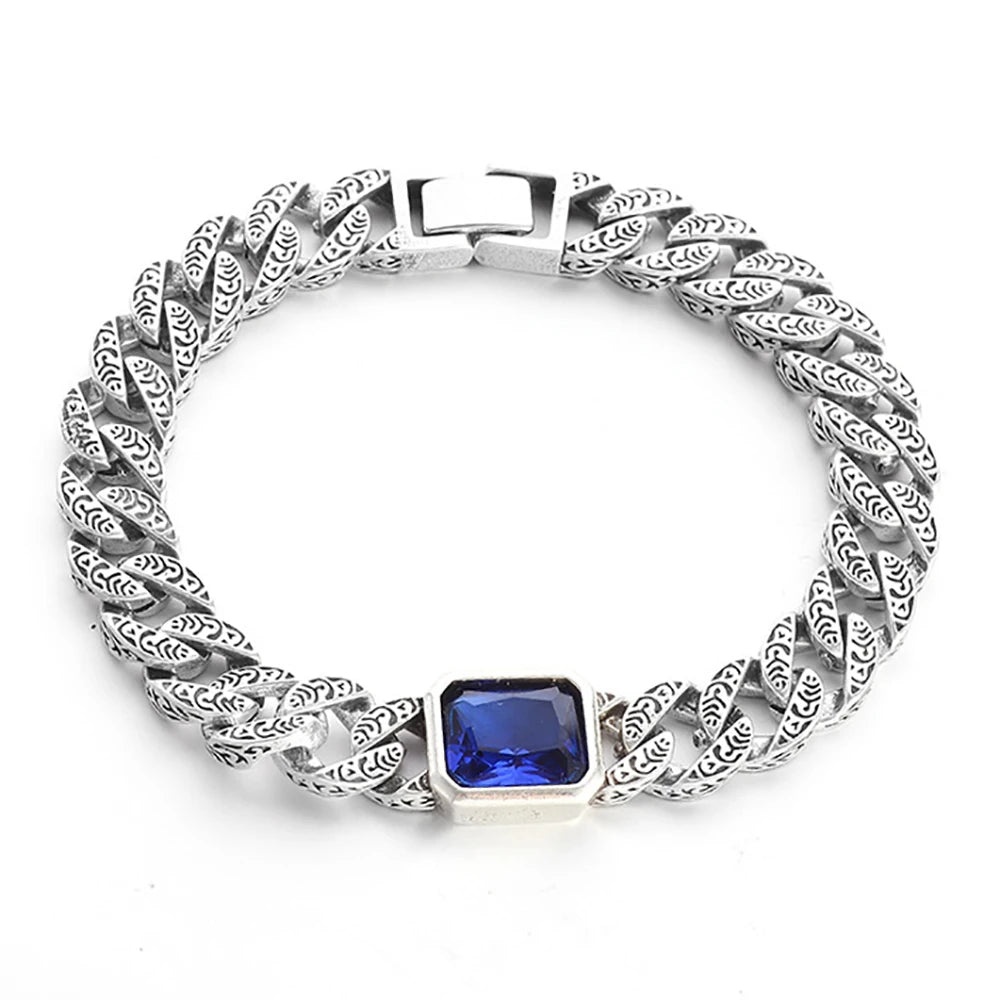 Silver Vintage Cuban Chain Bracelet 18/20/22cm With Sapphire for Men