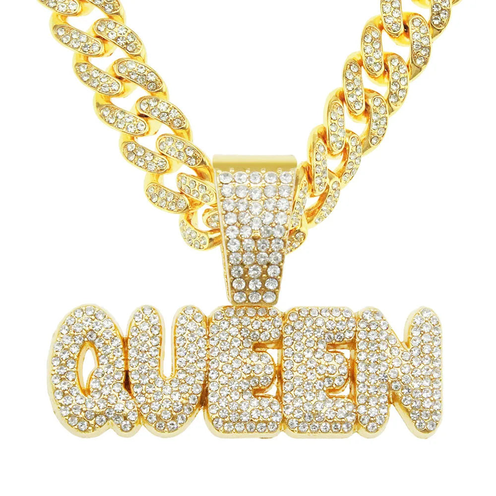 Yuzz Iced Out Queen Letter Pendant & Cuban Chain Necklace