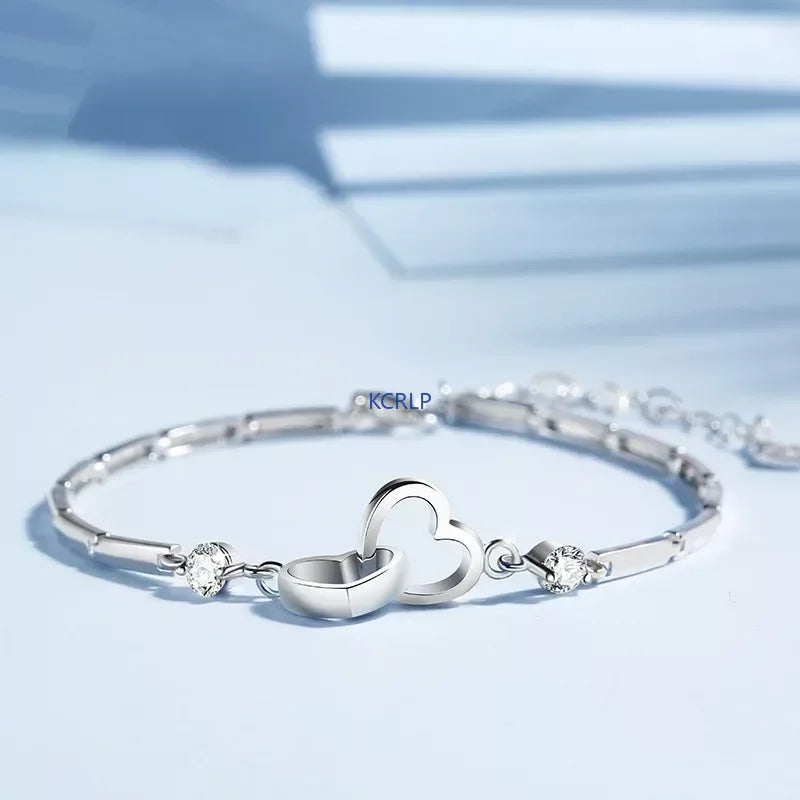 KCRLP Silver Heart Charm Bracelets Bangles for Women - 925 Sterling, Zircon