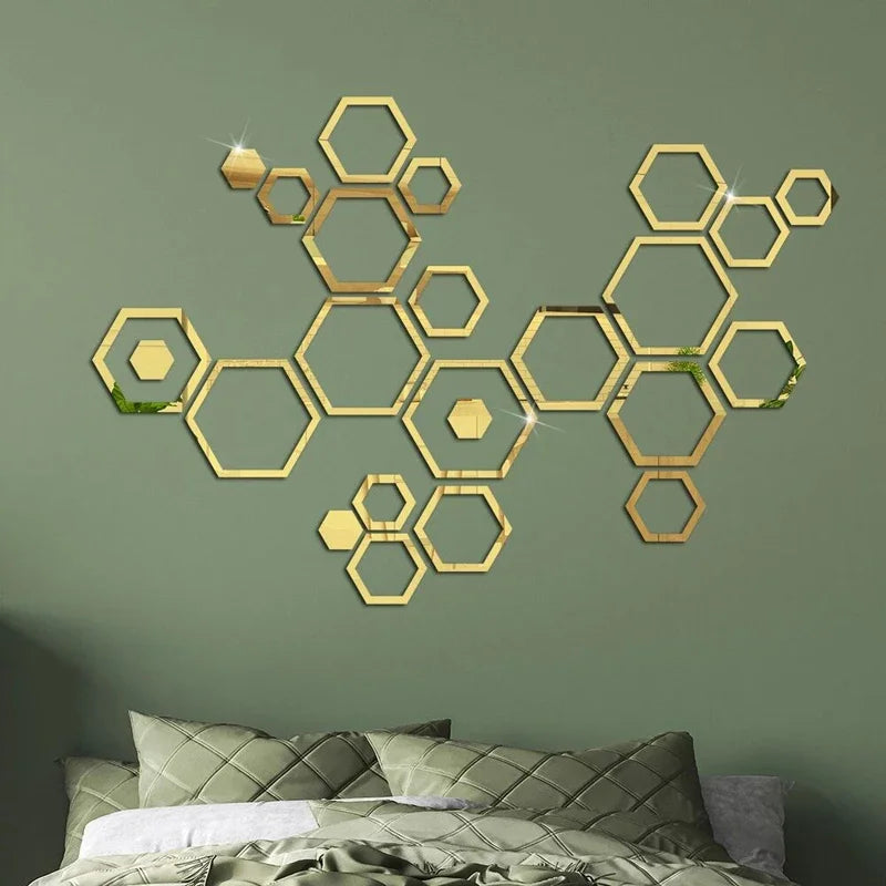 24pcs Hollow 3D Hexagonal Mirror Wall Sticker DIY Honeycomb Decoration Self Adhesive Paper Waterproof