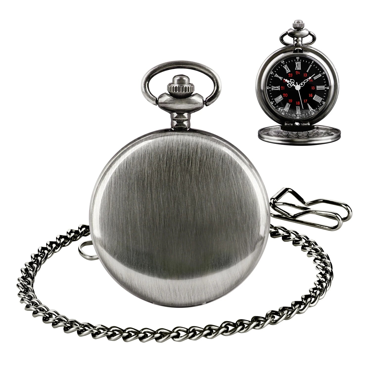 Number Dial - Smooth steel Quartz Pocket Watch Vintage number dial Pocket & Necklace watch pendant (37CM Fob Chain)