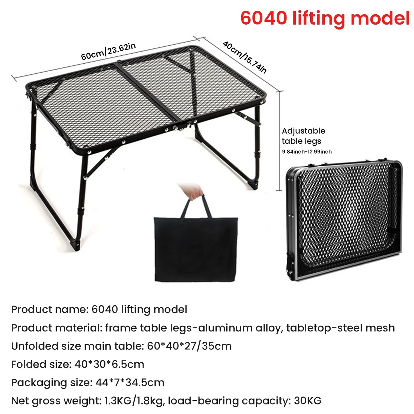 Outdoor Portable Iron Mesh Folding Table With Lifting Extention Shelf