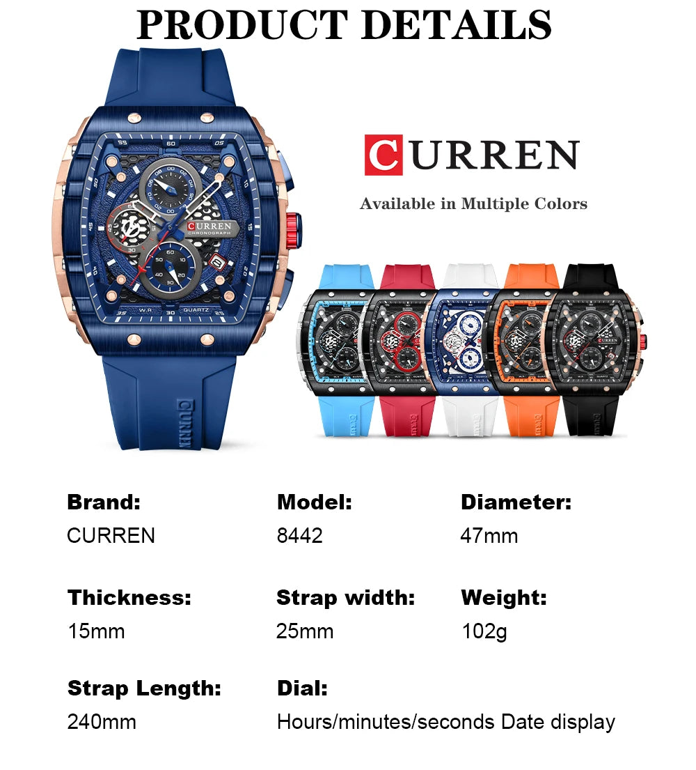 CURREN Luxury Chronograph Quartz Wristwatch - Square, Waterproof, Date And Box