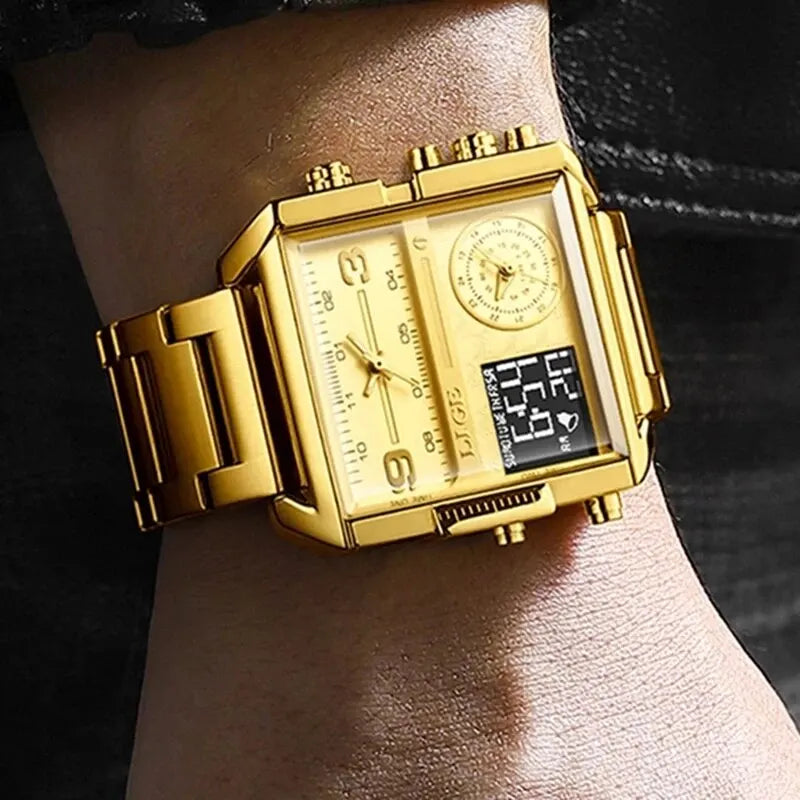 LIGE Quality Luxury Stainless Steel Gold Watch - Quartz Clockwork, Waterproof, Dual Display With Box