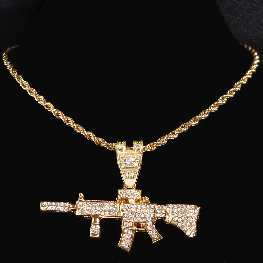 PEZDEMAR Iced Out Crystal M16 Gun Pendant With Chain Or Cuban Necklace