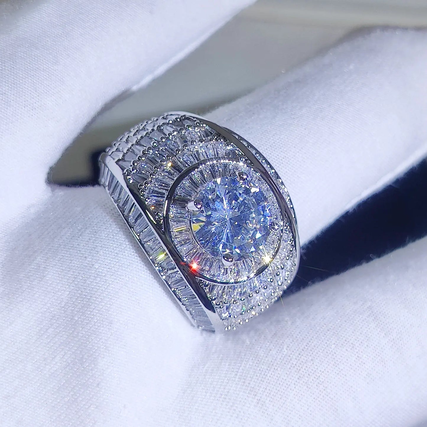 Luxury Iced Out Lab Silver/18k Simulated Big Diamond Micro Pave CZ Pinky Ring