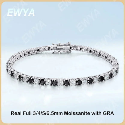 EWYA Full Moissanite Bracelet for Men Women - GRA Certified Real 3/4/5/6.5MM Black&White Moissanite Original 925 Silver Link Bracelets