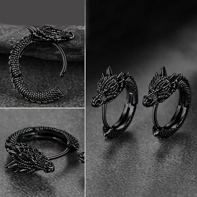 Huitan Fancy Gold, Silver & Black Dragon Hoop Earrings