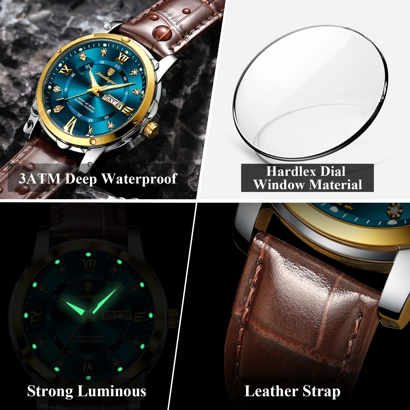 POEDAGAR Quality Luxury Leather band Quartz Watch - Waterproof, Luminous, Date + week And Box