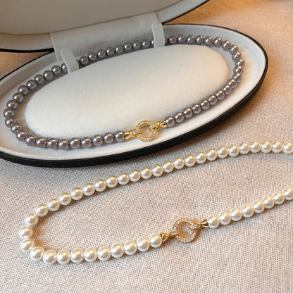 French Elegant Necklace For Women - Zircon Round Buckle Imitation Pearl Beaded Necklace