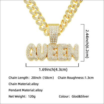 Yuzz Iced Out Queen Letter Pendant & Cuban Chain Necklace