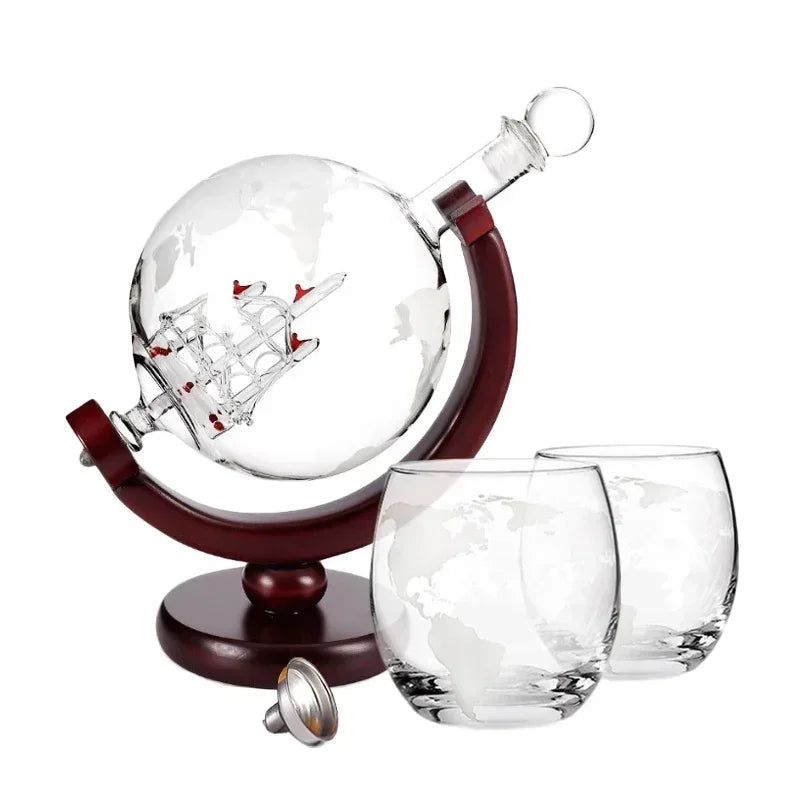 Creative Globe Decanter Set with Lead-free Carafe Exquisite Wood-stand and 2 Whisky Glasses Whiskey Decanter Globe Grade Gift