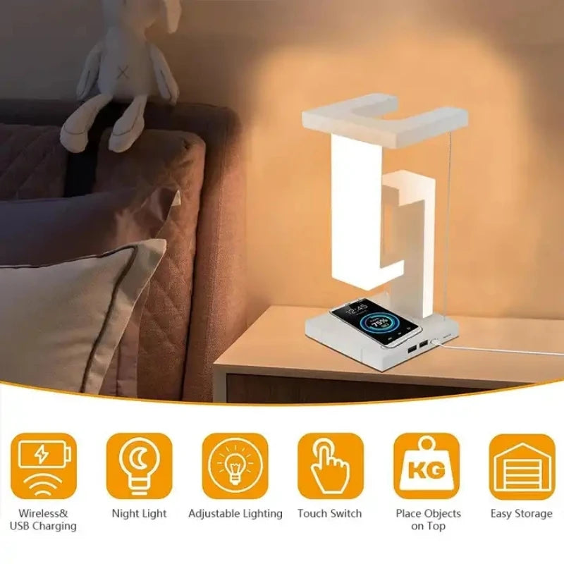 LED Suspended Anti-gravity Night Light with 10W WirelessCharger，Bedroom Bedside Home Creative Design LED Levitating Table Lamp