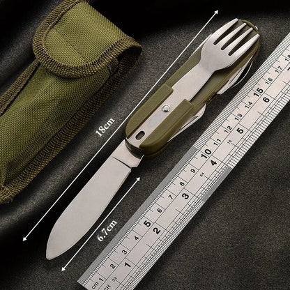 Outdoor 7 In 1 Multifunctional Stainless Steel Foldable Fork Spoon Knife Tableware