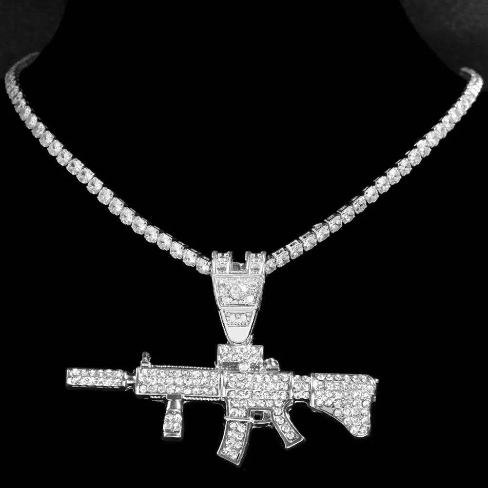 PEZDEMAR Iced Out Crystal M16 Gun Pendant With Chain Or Cuban Necklace