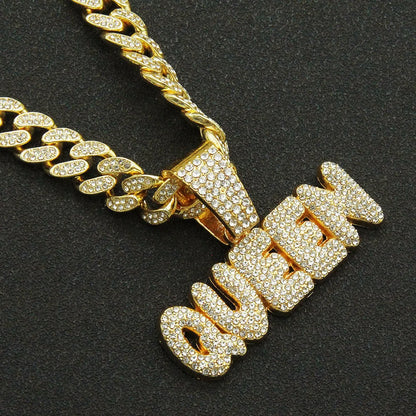 Yuzz Iced Out Queen Letter Pendant & Cuban Chain Necklace