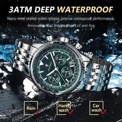 POEDAGAR Luxury Men Stainless Steel Chronograph Quartz Watch - Waterproof, Date & Luminous With Box