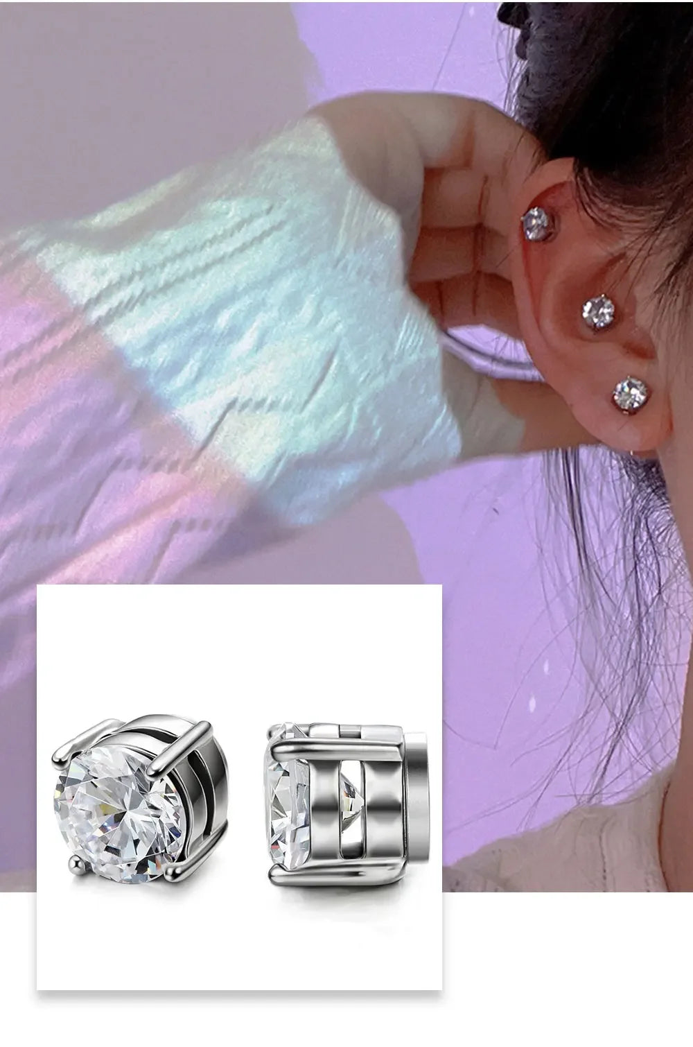 1Pairs Strong Magnetic Zirconia Crystal Stud Clip Earrings