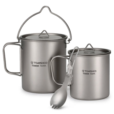 Tomshoo 3 PCS Outdoor Ultralight Titanium Cookware Set 750ml Pot & 450ml Water Cup Mug