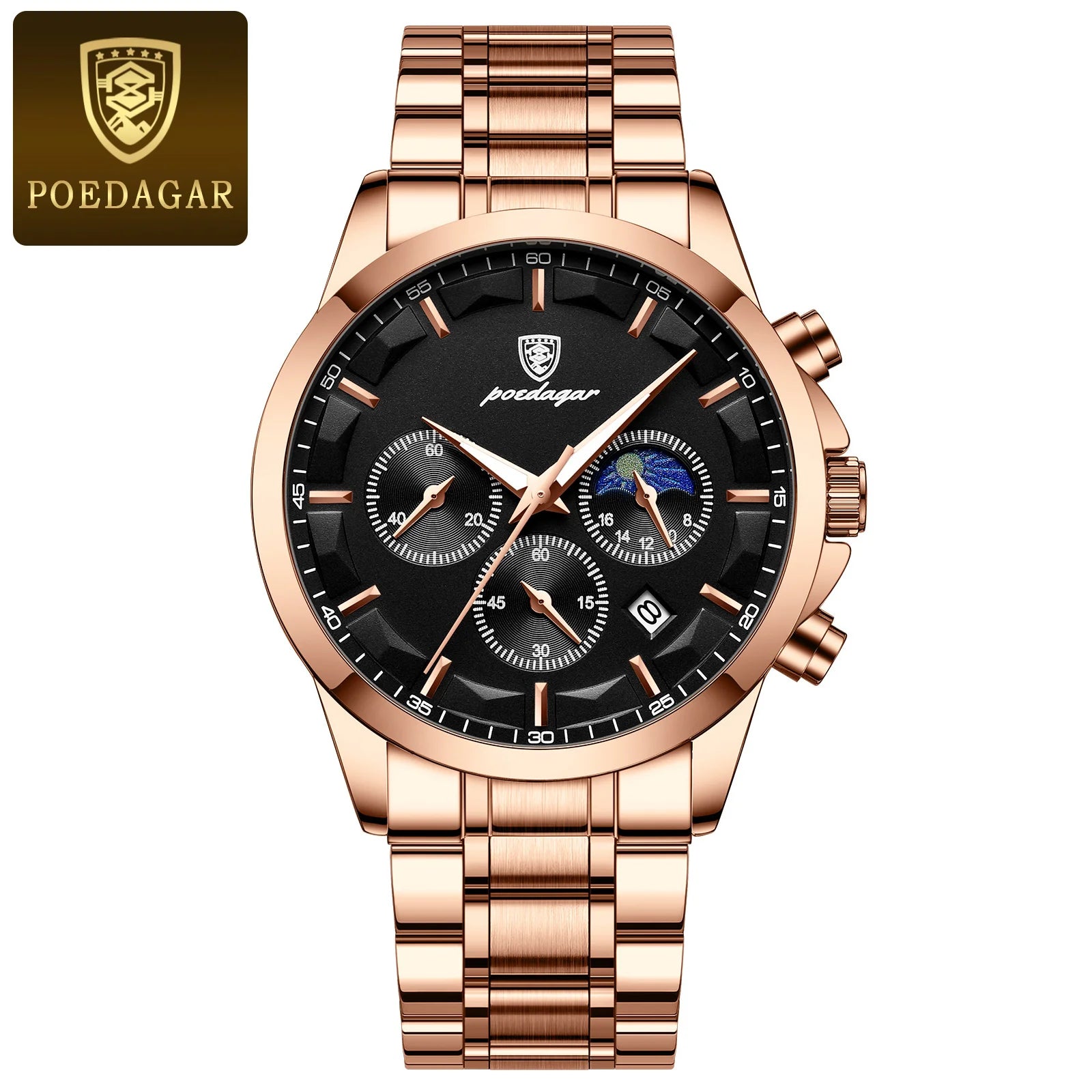 POEDAGAR Luxury leather band Quartz Chronograph Watch - Waterproof, Luminous, Date And Box