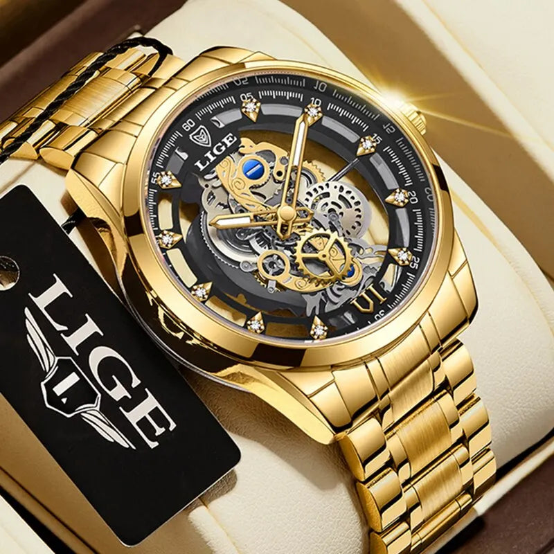 LIGE Quality Luxury Stainless Steel Skeleton Quartz Watch Gold