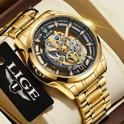 LIGE Quality Luxury Stainless Steel Skeleton Quartz Watch Gold