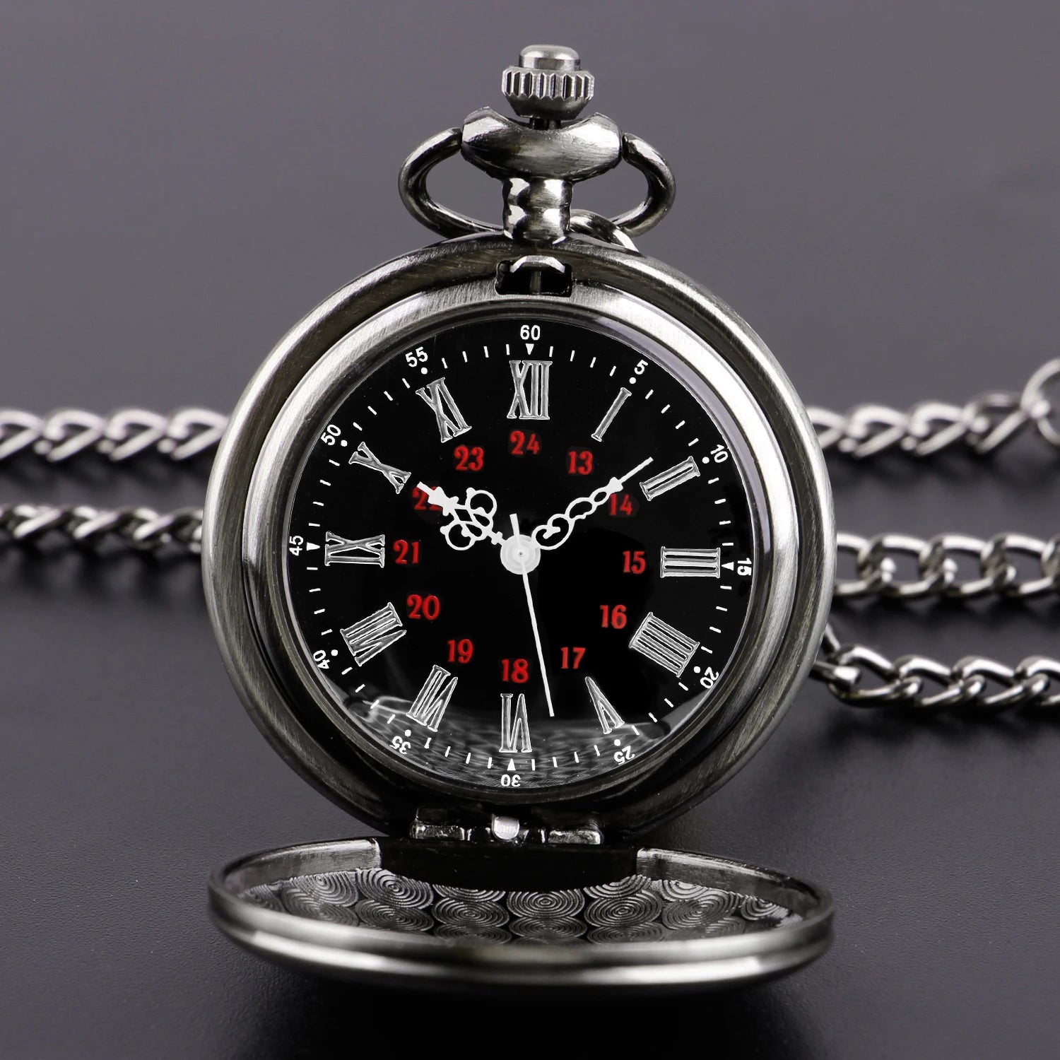 Number Dial - Smooth steel Quartz Pocket Watch Vintage number dial Pocket & Necklace watch pendant (37CM Fob Chain)