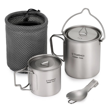 Tomshoo 3 PCS Outdoor Ultralight Titanium Cookware Set 750ml Pot & 450ml Water Cup Mug