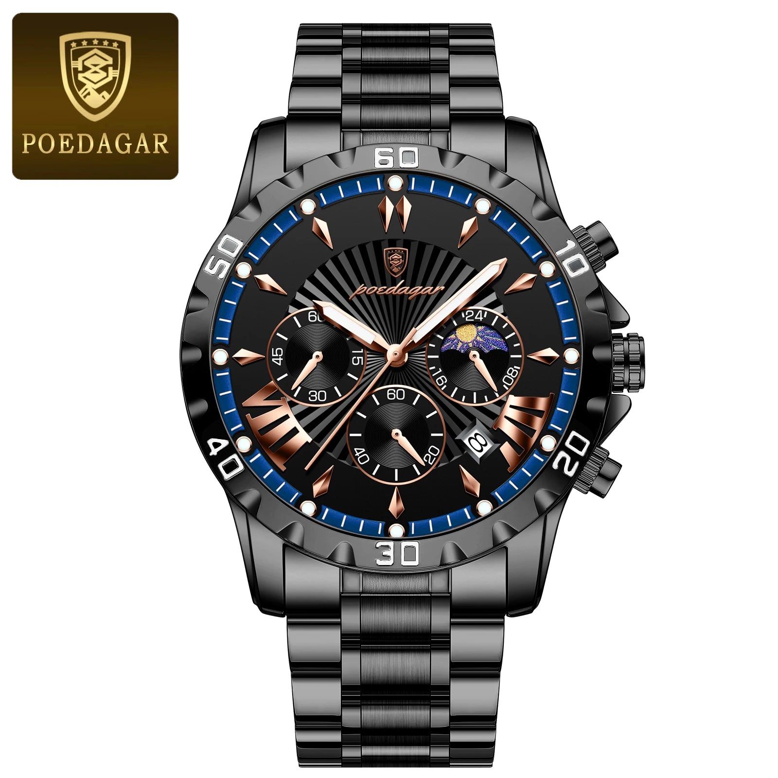 POEDAGAR Luxury Stainless Steel Quartz Chronograph Watch - Waterproof, Luminous, Date And Box