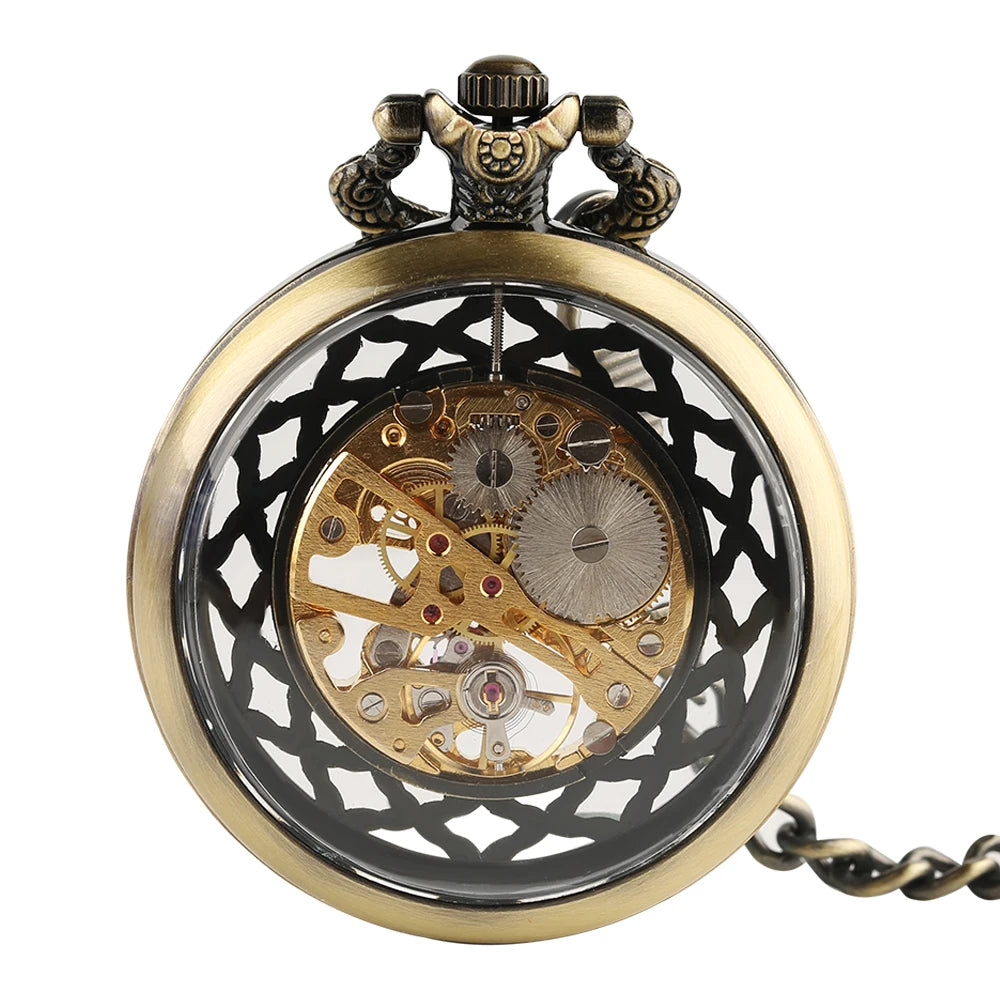 YISUYA Luxurious & Elegant Steampunk Style Glass Transparent Hand Wind Mechanical Pocket Watch with Chain