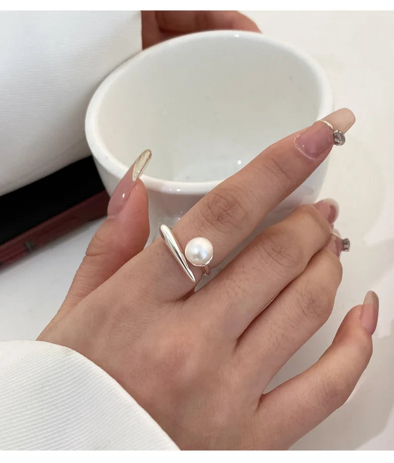 GaaBou Adjustable 925 Sterling Silver Round Pearl Ring