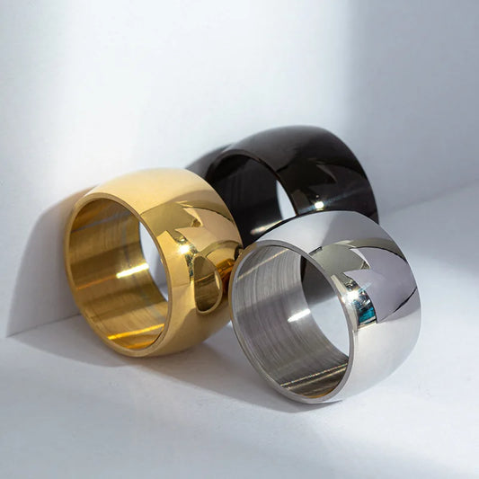 12mm Width Glossy Stainless Steel Rings In Smooth Black/Silver/Gold Colour