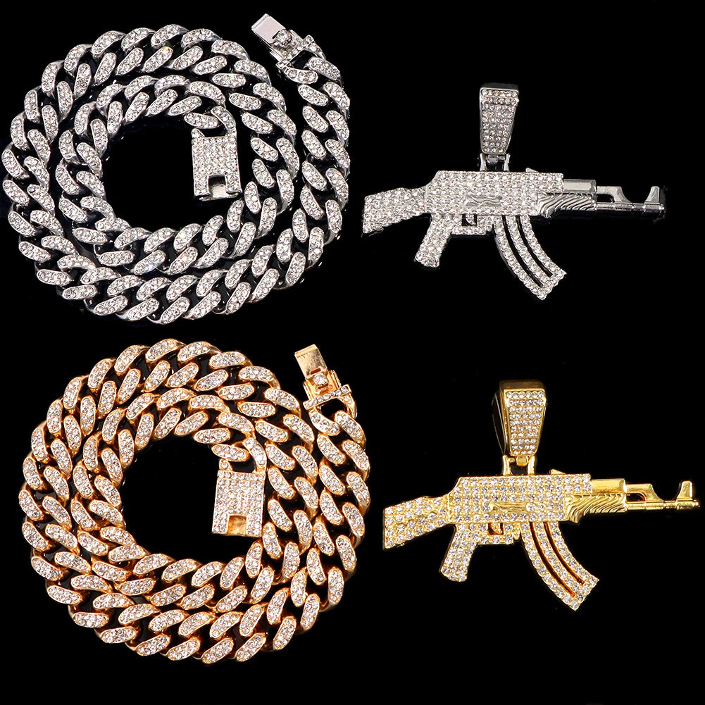 ESTRELLADEMAR Iced Out Crystal AK47 Gun Pendant With Chain Or Cuban Necklace