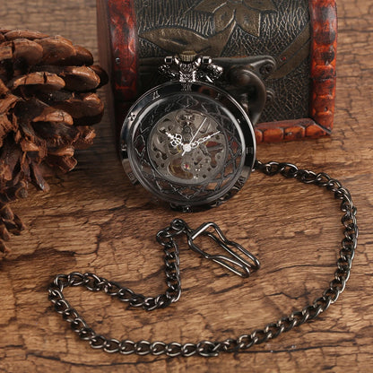 YISUYA Luxurious & Elegant Steampunk Style Glass Transparent Hand Wind Mechanical Pocket Watch with Chain