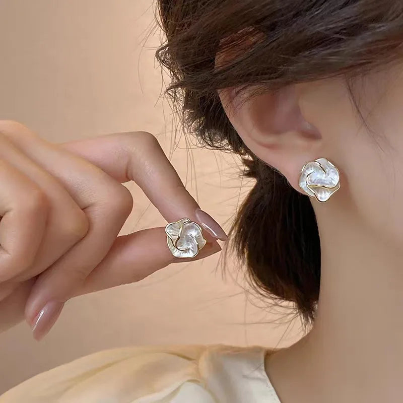 LATS White Flower Uniquely Folded Stud Multi-layered Earrings In Different Styles