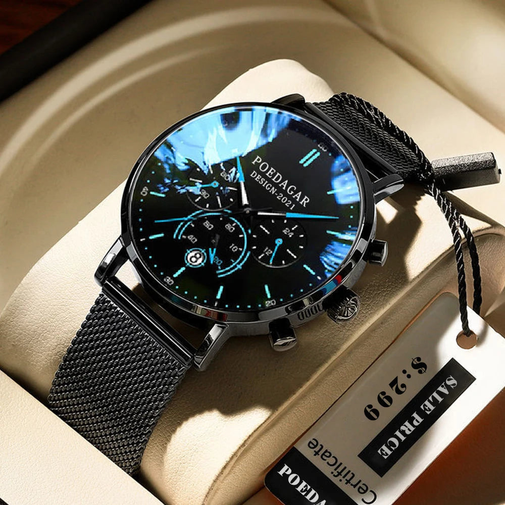 POEDAGAR Luxury style Stainless Steel Quartz Chronograph Watch - Waterproof, Luminous, Date And Box