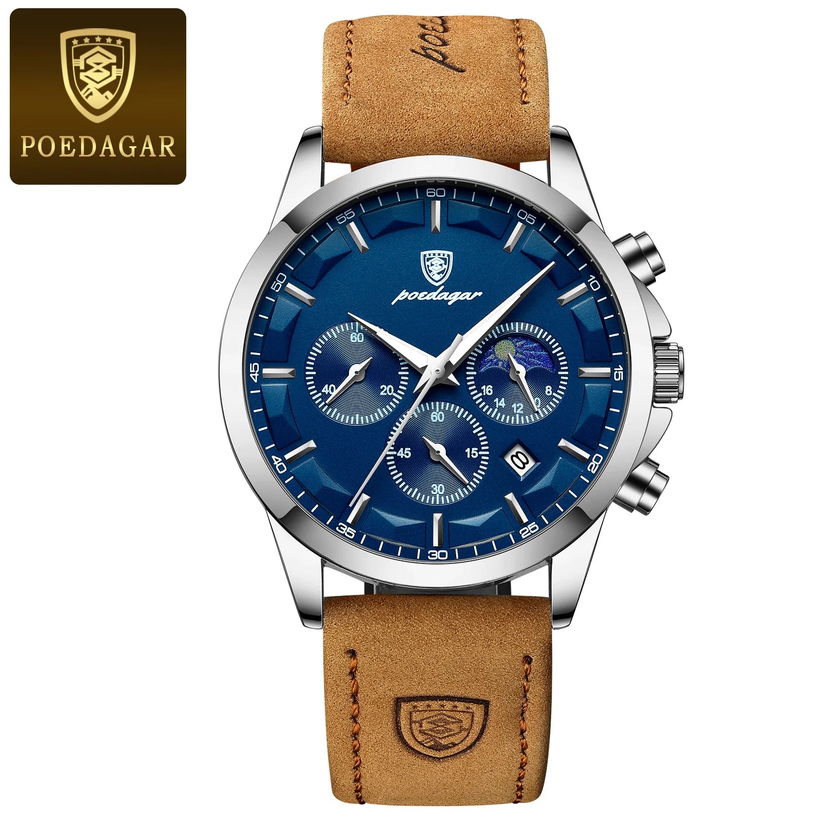 POEDAGAR Luxury leather band Quartz Chronograph Watch - Waterproof, Luminous, Date And Box