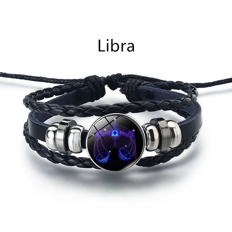 12 Constellation Zodiac Sign Black Braided Leather Bracelet