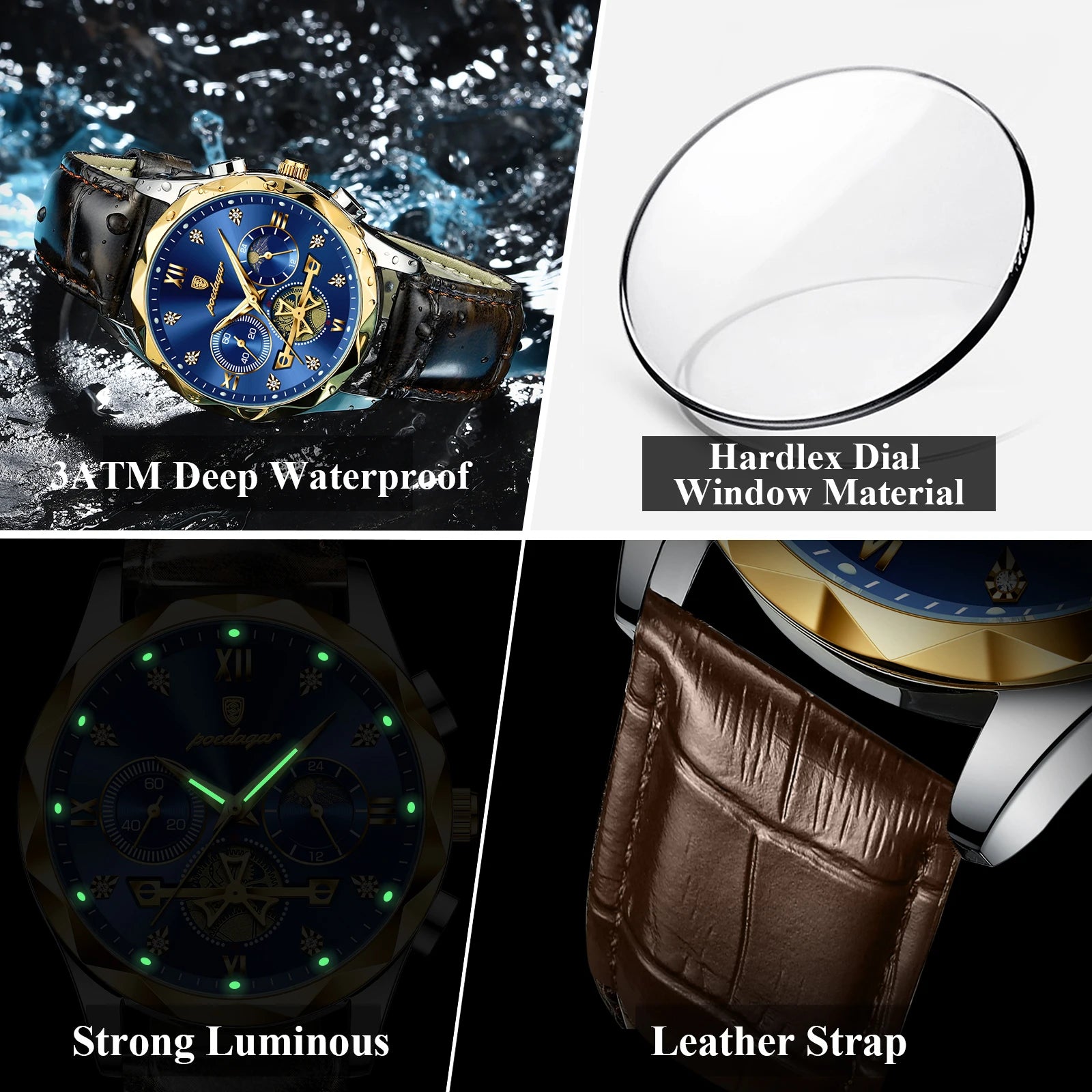 POEDAGAR Quality Luxury Leather band Quartz Chronograph Watch - Waterproof, Luminous, Date And Box