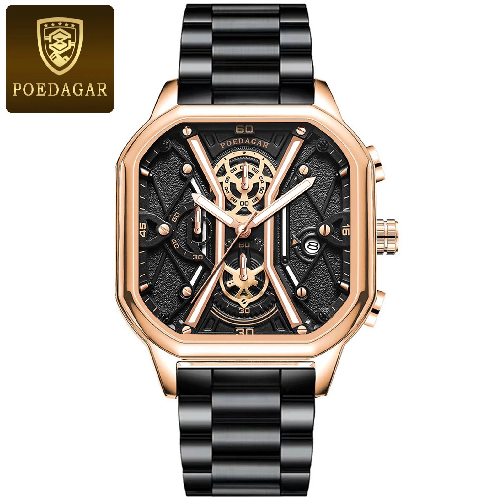 POEDAGAR Luxury Stainless Steel & Leather Chronograph Quartz Watch - Luminous, Waterproof, Date And Box